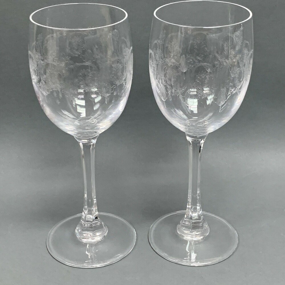 Clear Glass Wine Glasses 7 1/2 high Lot of 2 Etched